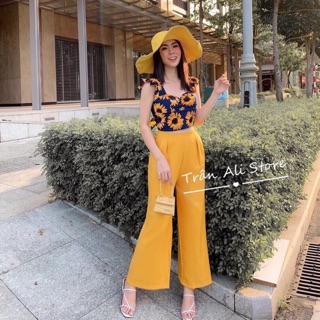 Sét bộ in hoa cột nơ quần ống rộng siêu xinh