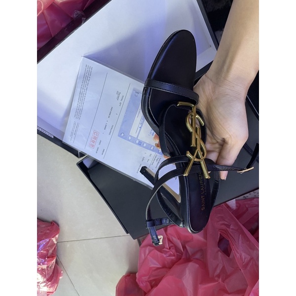 Sandal gót nhọn quai chữ vàng đồng fullbox