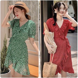 Đầm nữ đỏ chấm bi Blapink váy chấm bi dài dự tiệc chất lụa cổ tim tôn dáng T05A T04