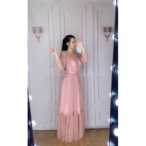 Đầm dự tiệc tay dài dún lưới sang trọng TRIPBLE T DRESS - size M/L (kèm ảnh/video thật) MS336V