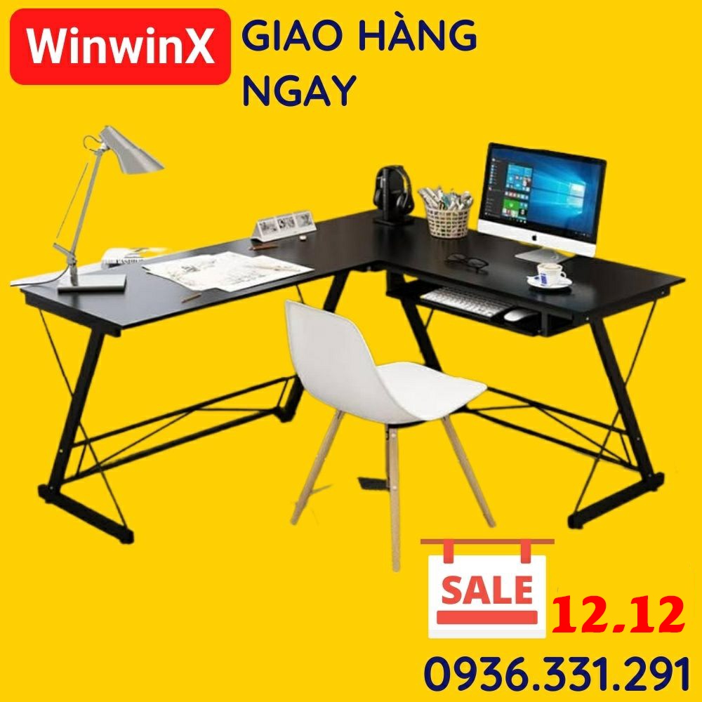 Tự Lắp Dễ - Bàn làm việc chữ L chân chéo mặt gỗ phủ laminate có khung chân sắt bàn văn phòng tại nhà WinwinX