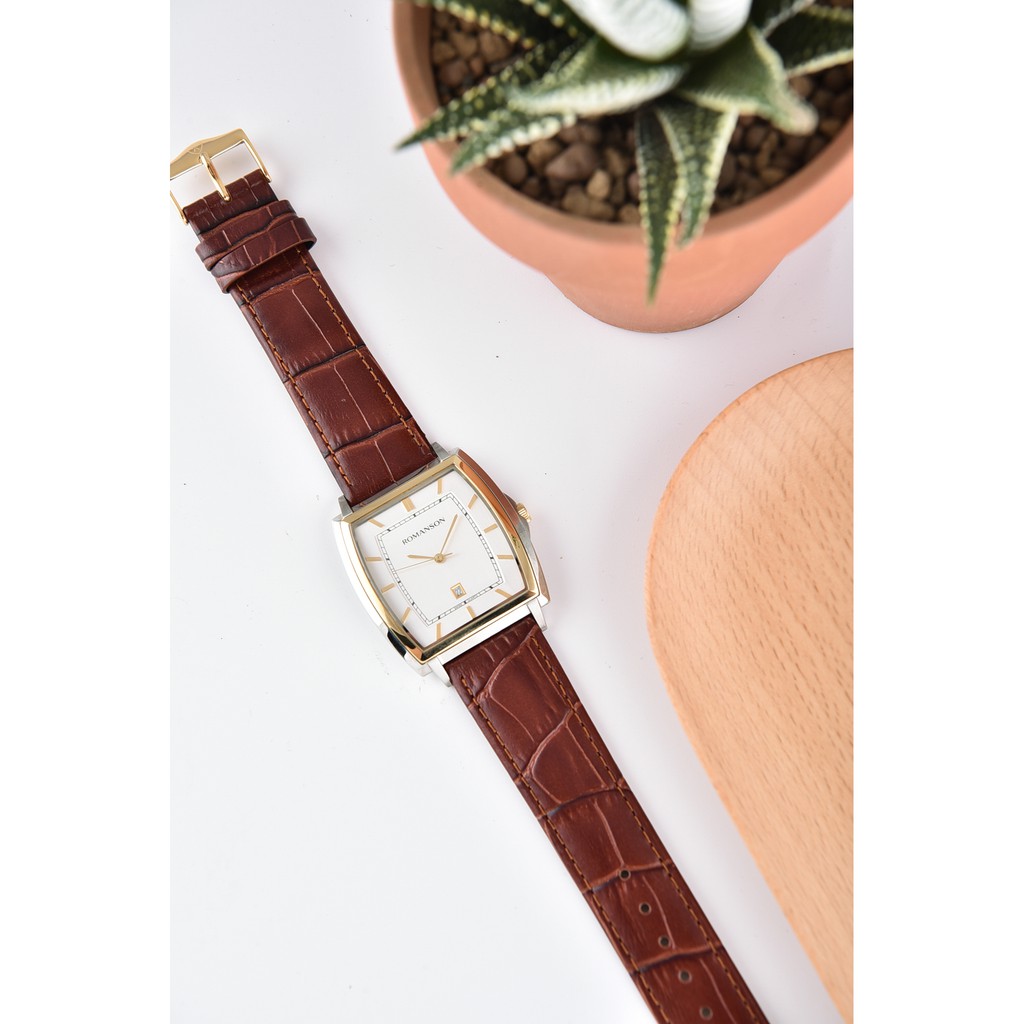 Đồng hồ Romanson Men Classic Watch TL4202MCWH mặt mỏng chữ nhật kính chống xước máy Thụy Sĩ dây da cao cấp chính hãng