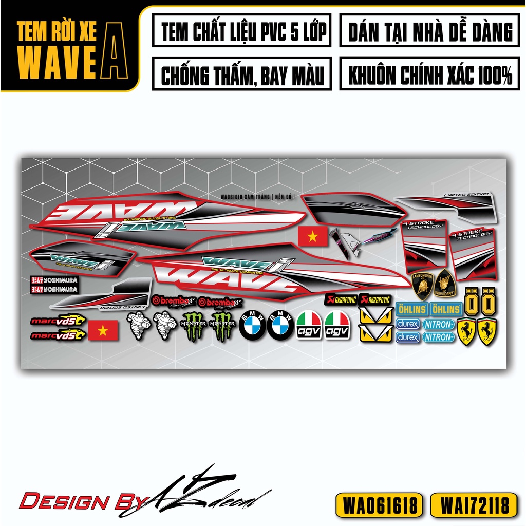 Tem Rời Xe Wave Alpha 110 100 Mẫu Wave | WA18 | Decal Chế Dán Xe Máy Wave A Chống Nước, Chống Bay Màu