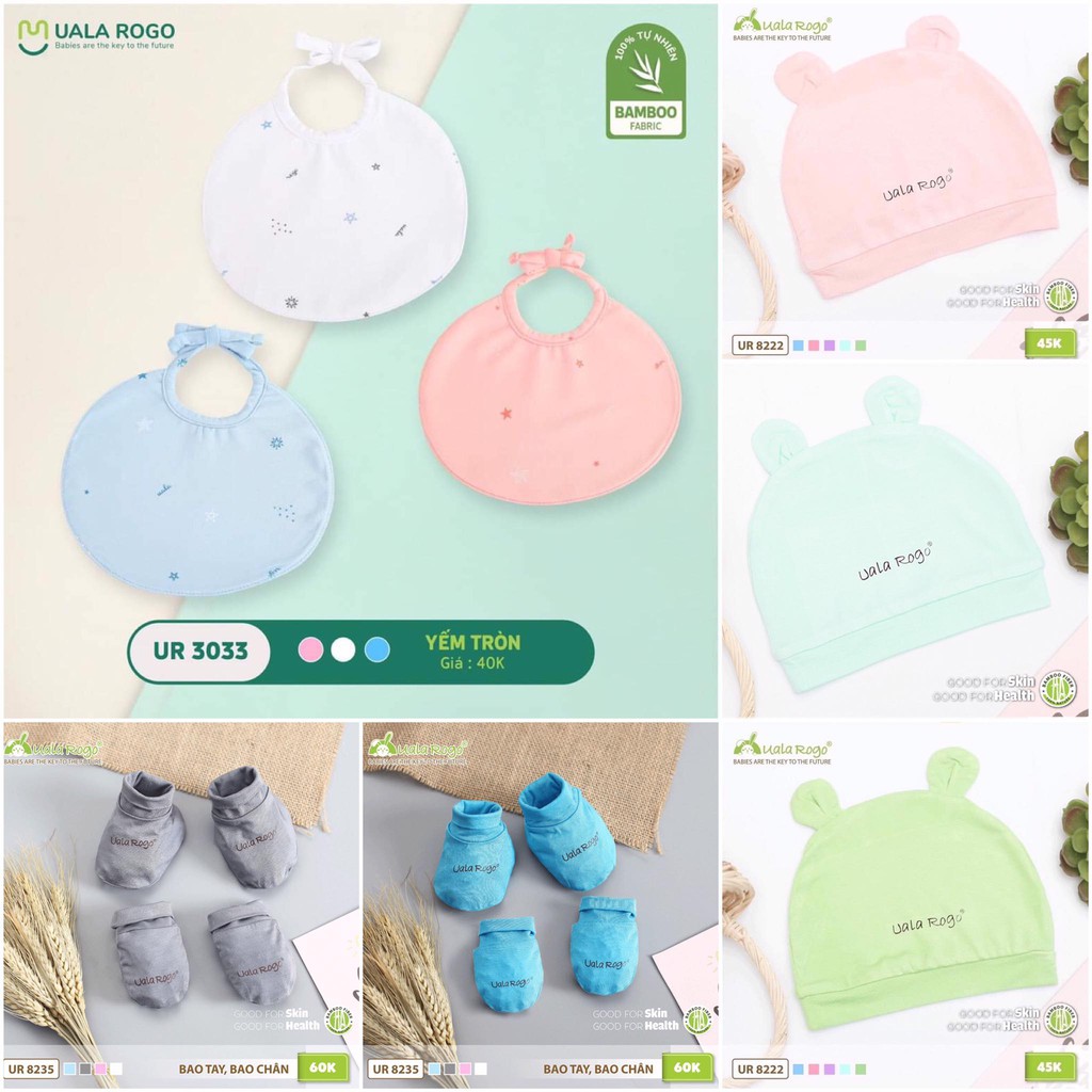 Phụ kiện sơ sinh bao tay bao chân, mũ , yếm dành cho da nhạy cảm Uala Rogo
