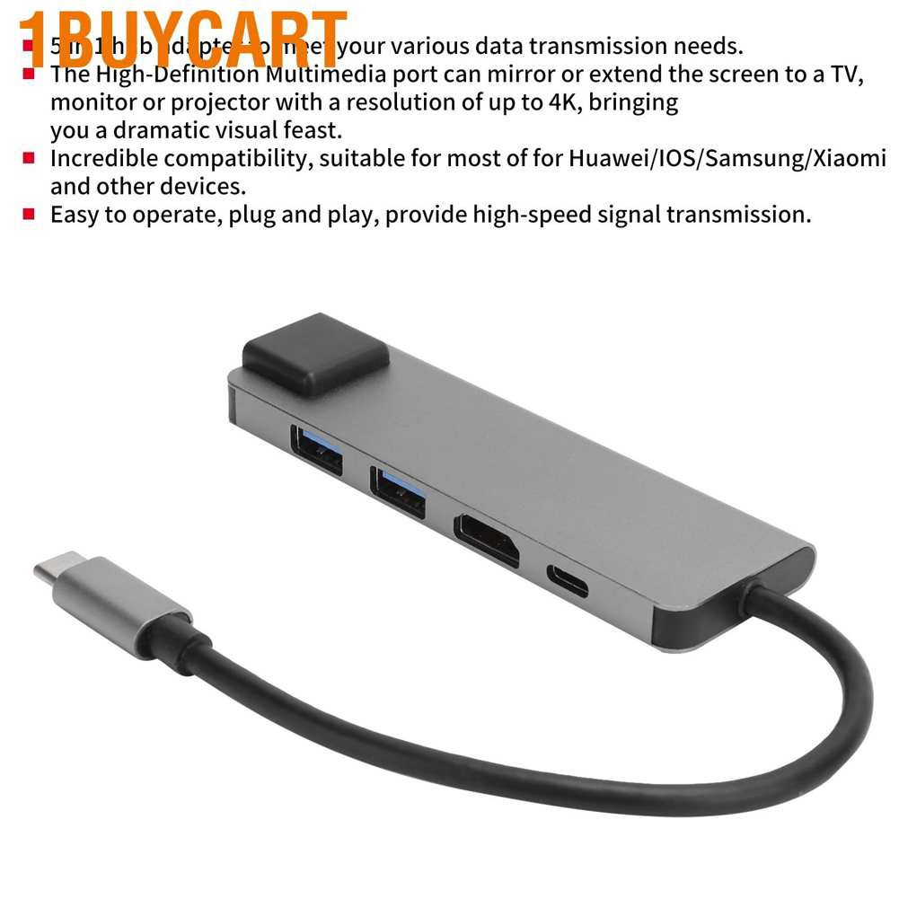 1buycart 5 In 1 USB-C Hub 4K HDMI Type-C to PD RJ45 USB3.0 Adapter for iOS Samsung