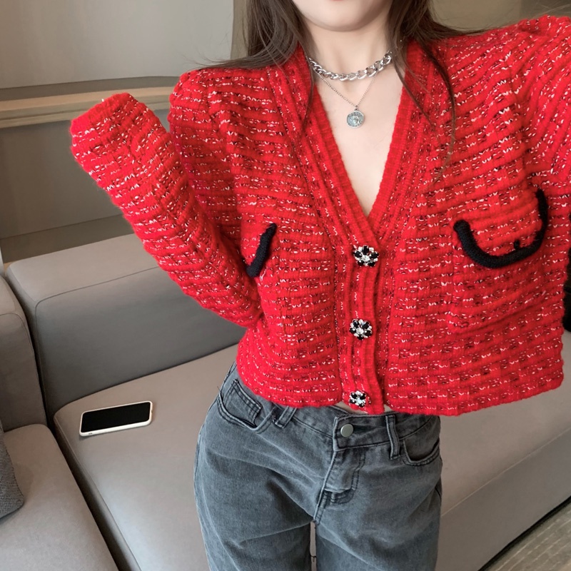 Áo Khoác Cardigan Len Đỏ Túi Hộp LSEOUL K0301 Chất Dày Dặn Cá Tính