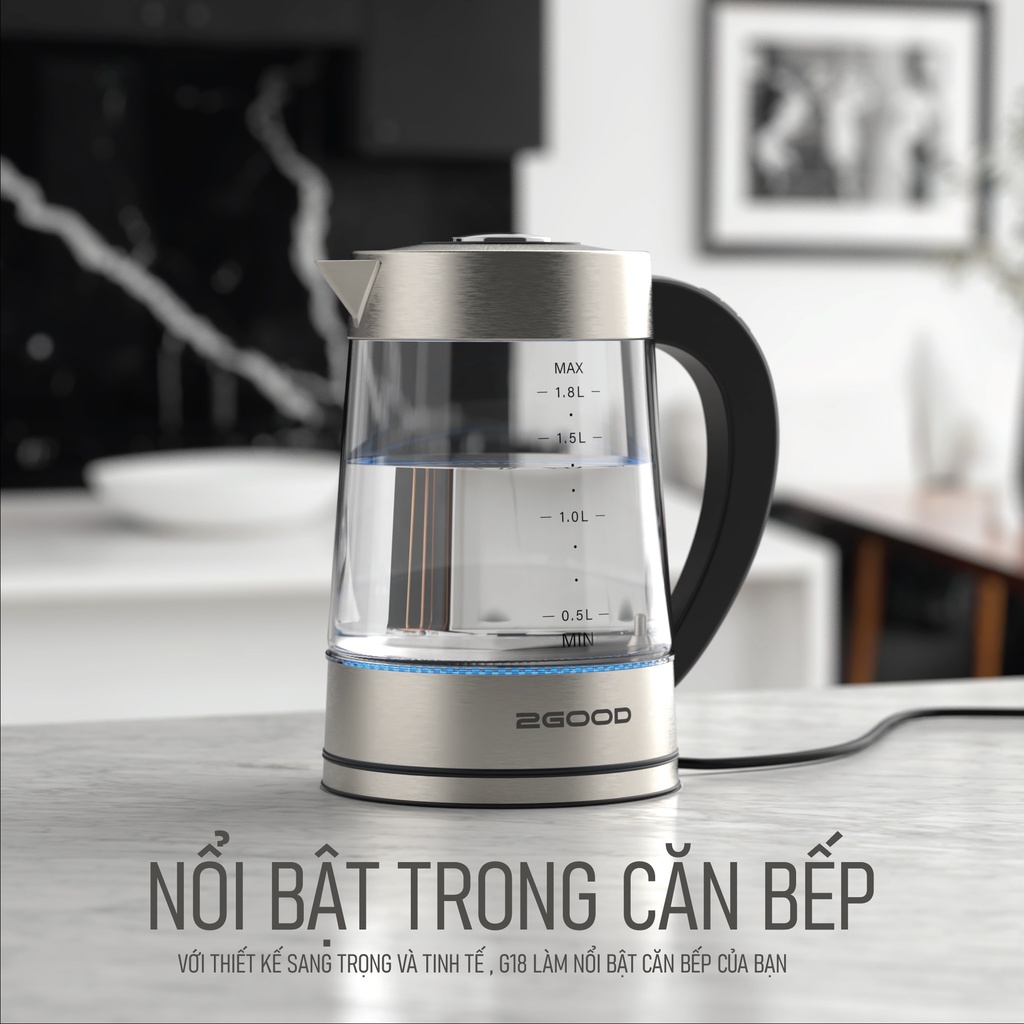 Ấm Siêu Tốc Thủy Tinh Giữ Nhiệt 2GOOD G18 1.8 Lít, Bình Đun Nước Pha Sữa, Có Lõi Lọc Ủ Trà, Tùy Chỉnh Nhiệt Độ