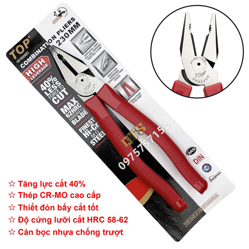 Kìm kết hợp trợ lực đa năng TOP GOLD 230mm, kềm điện răng thép CR-MO cao cấp tăng lực cắt thêm 40% (Kìm điện tổ hợp)