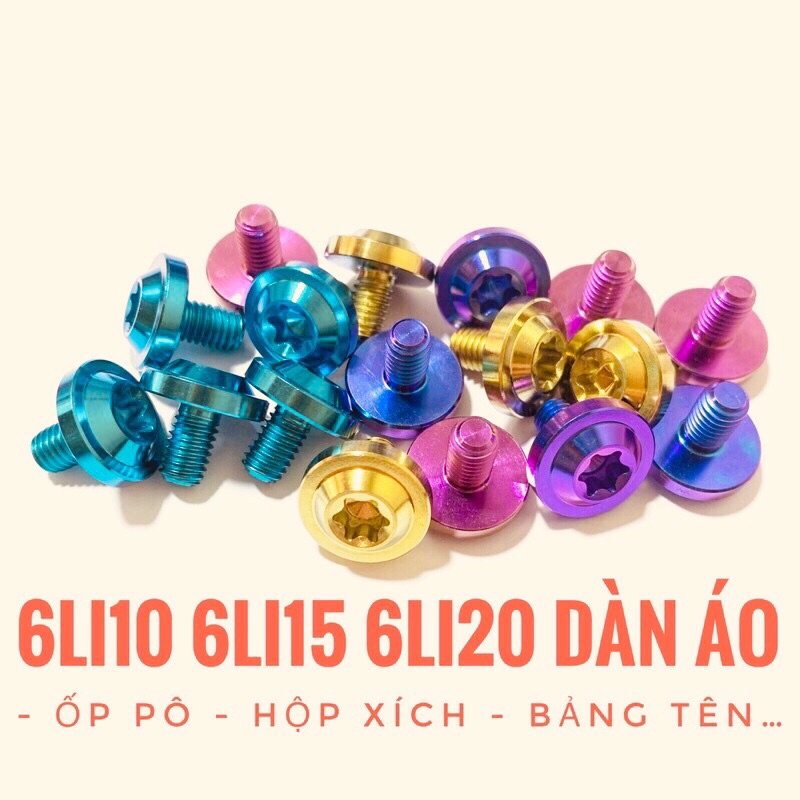 (Chuẩn Gr5) Ốc titan 6li10 6li15 6li20 đầu dù to dày gắn dàn áo ốp pô hộp xích bảng tên