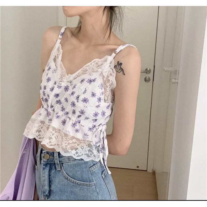 Set Áo Croptop Và Camisole Áo 2 Dây Hoa Nhí Viền Ren Ulzzang Hàn Quốc