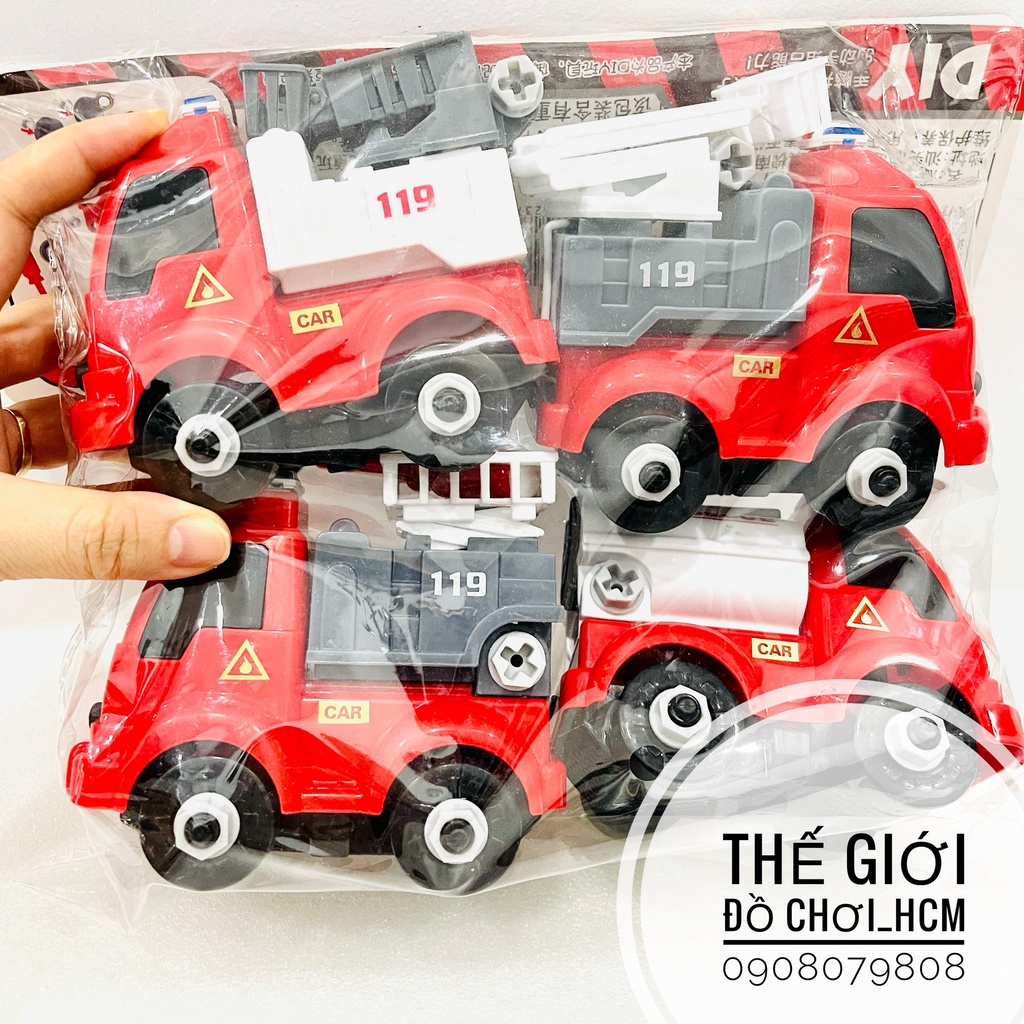 [LẮP RÁP CÓ TUA VÍT-TO] Túi đồ chơi 4 xe cứu hoả có kèm tua vích dành cho bé thích lắp ghép mô hình xe 666-632