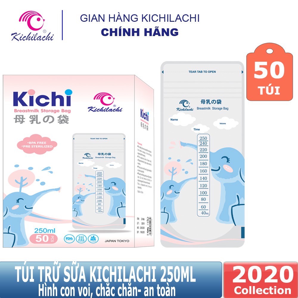Hộp 50 túi trữ sữa Kichilachi Nhật Bản màu xanh  250ml(hình voi)