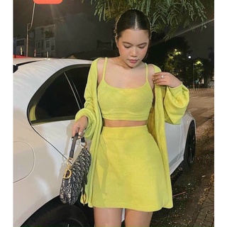 Sét 3 món ao 2 dây phối chân váy chữ A kèm áo khoác dài cực xinh , chất thun gân mềm mịn