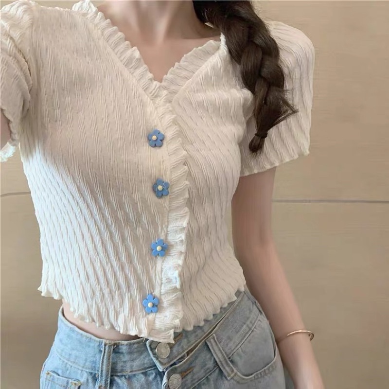 Áo len tăm mỏng nhẹ hè viền nhún đính hoa cúc áo hàn quốc ulzzang teen