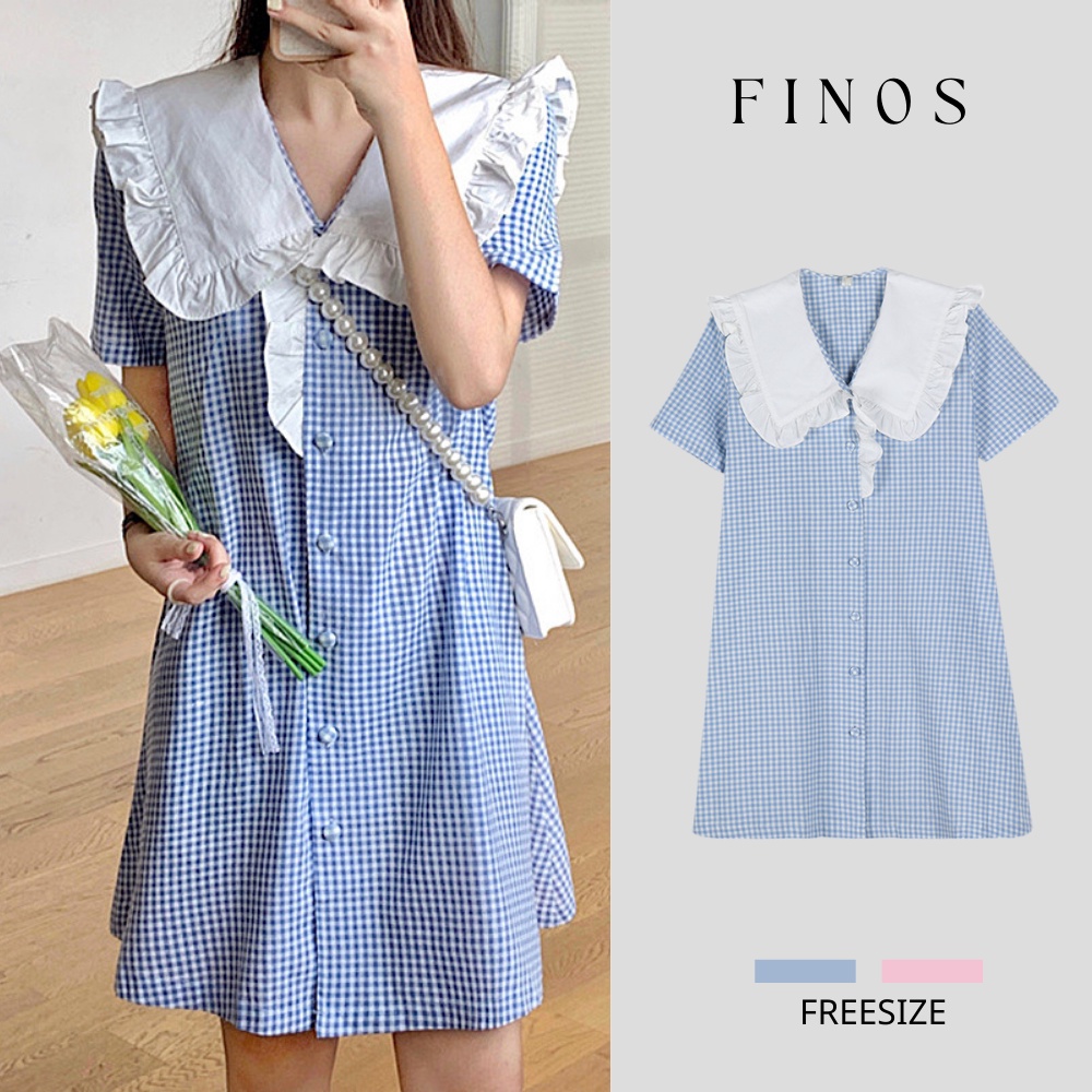 Váy đầm nữ váy kẻ caro cổ bèo trắng dáng xòe rộng tay ngắn 2 màu xanh hồng FINOS V023