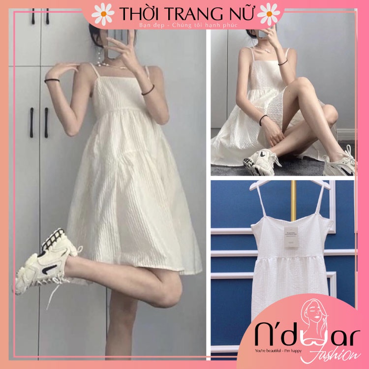 Đầm trắng nữ 2 dây dập ly kèm lót, váy 2 dây dáng ngắn xinh xắn, Váy đầm đẹp đi dự tiệc