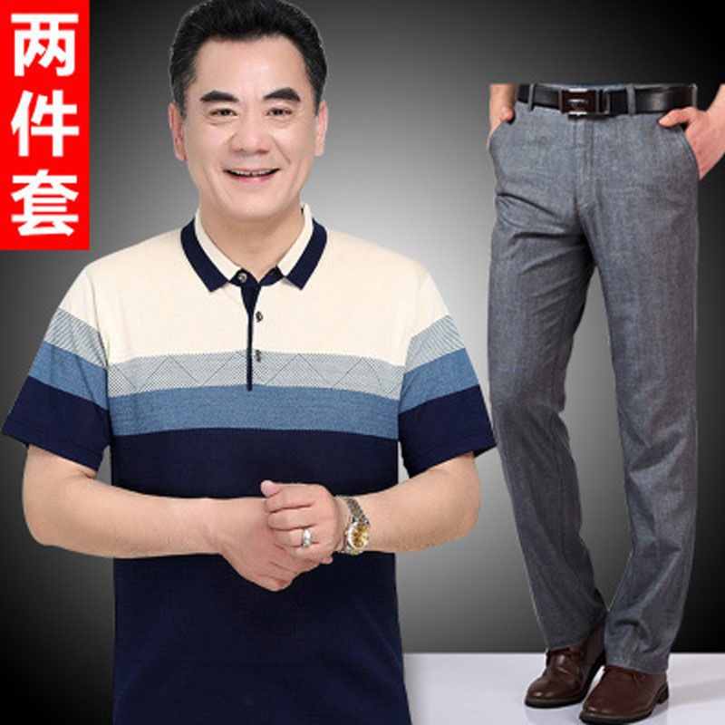 Dad quần áo mùa hè Suit thun nam ngắn tay trung niên băng lụa 40 tuổi 50 và caoHJT324D