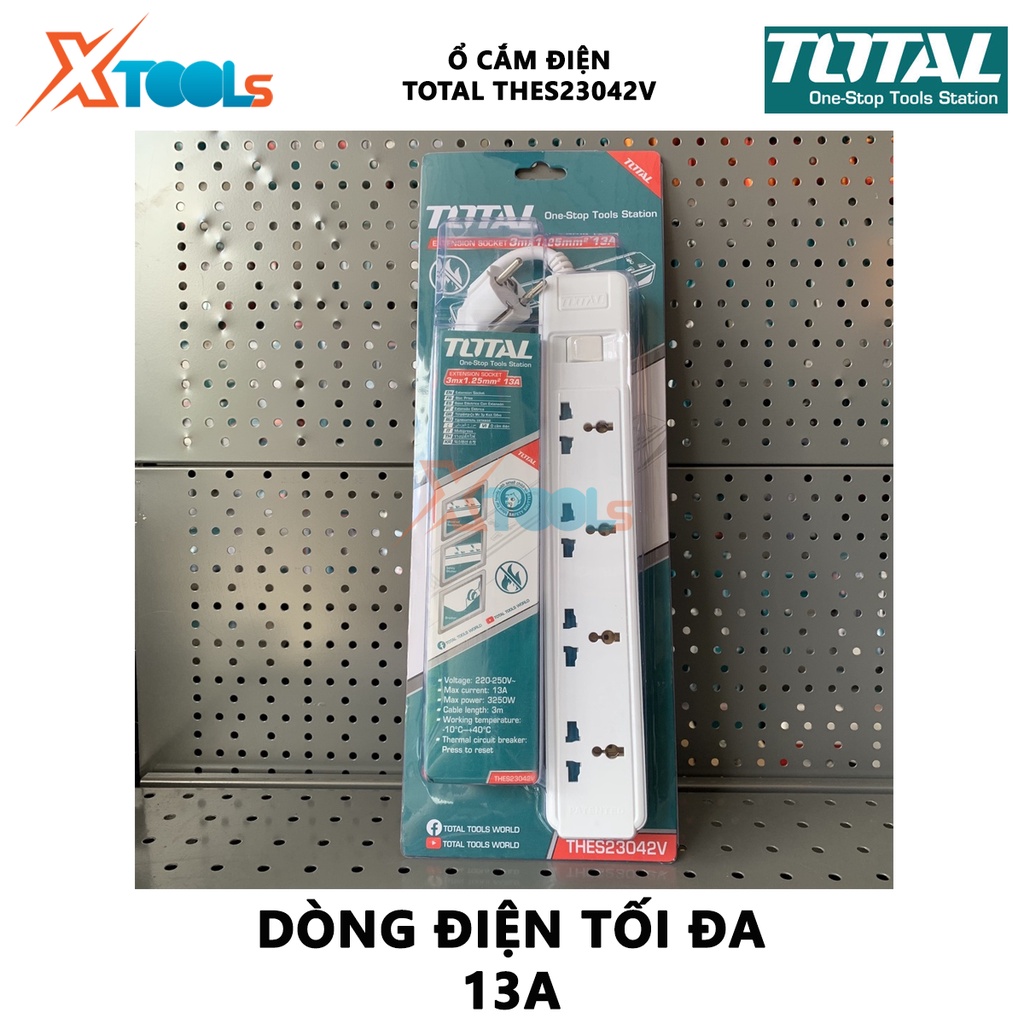 Ổ cắm điện TOTAL THES23042V ổ cắm 3 chấu 4 ổ cắm mở rộng, Dòng điện tối đa 13A, Dây điện 3 mét 3*1.25mm2 lỗ cắm có màng