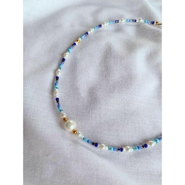 Vòng cổ mix hạt cườm gam màu xanh dương mix hạt giả trai