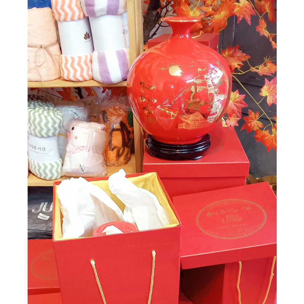 Bộ Quà tặng bình hút lộc, bình hút tài lộc thuận buồm xuôi gió cao cấp vẽ tay thủ công full size (Đầy đủ Bình+Hộp + đế)