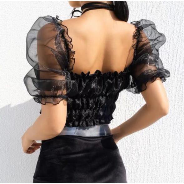 Áo Trễ Vai Voan Kiếng Nhún Croptop Hở Vai Tay Ngắn Phồng Bo Thun Nữ DRACR04 Đẹp *