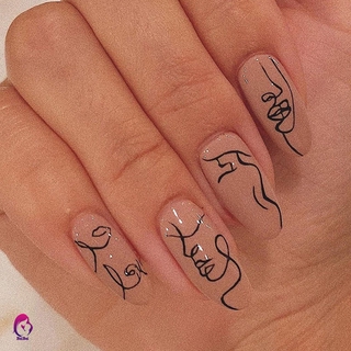 [Hàng mới về] Bộ 24 cái móng tay giả hình oval màu nude in họa tiết kiểu pháp với keo dán