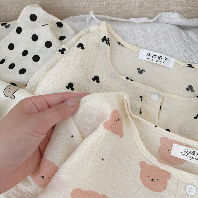 [Ảnh thật/video] Bộ Mặc Nhà Pyjama Nữ Dài Tay, Cộc Tay Chất Đũi Họa Tiết Đáng Yêu