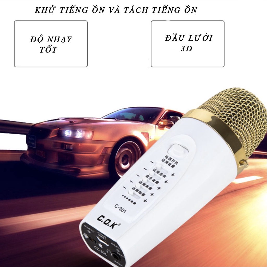 MICRO HÁT ĐIỆN THOẠI C.O.K C-301 MIC THU ÂM KARAOKE  3 IN 1 - HÀNG CHÍNH HÃNG