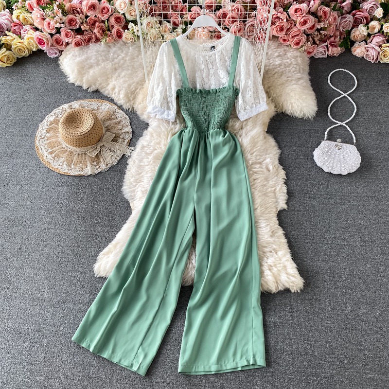 Jumpsuit đồ bay phối áo ren nhún trễ ngực 2 dây bản to quần dài ống suông rộng trơn màu thanh lịch nhiều màu pastel