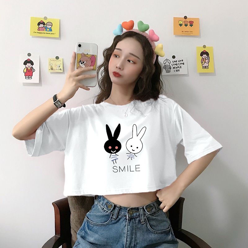 Áo Thun Crotop Form Rộng Tay Ngắn Chất Cotton Mền Mại In Hình Thỏ Smile Ulzzang Style Hàn Quốc TTT0116