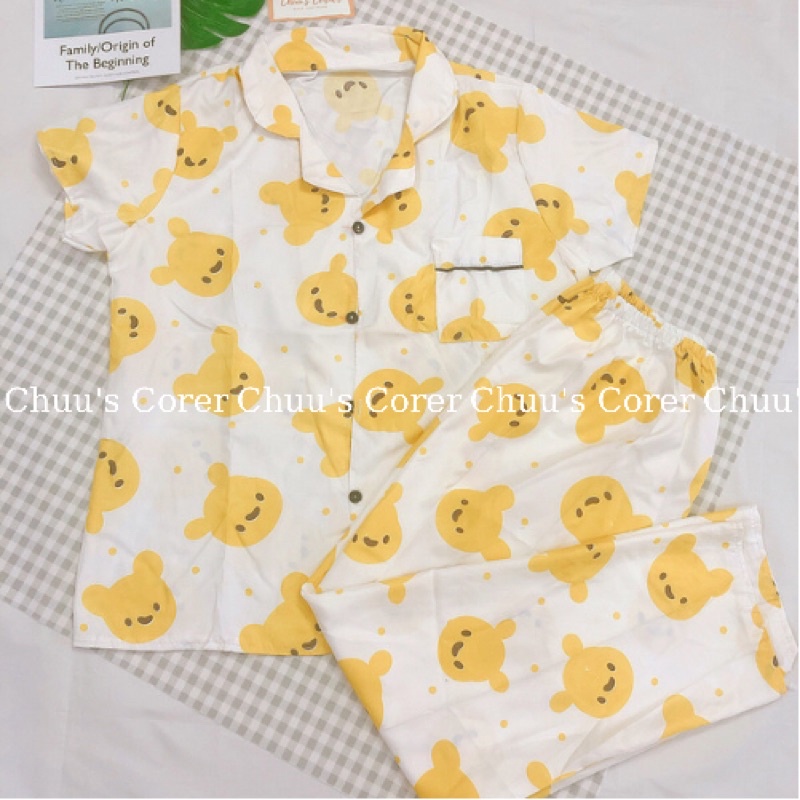 Set bộ ngủ pijama lụa kate tay ngắn quần dài hoạ tiết xinh xắn cho nữ