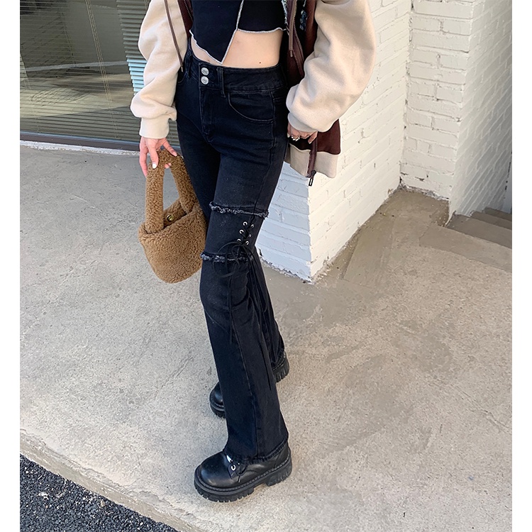 Đen Quần jeans Nữ Lưng Cao Ống Loe