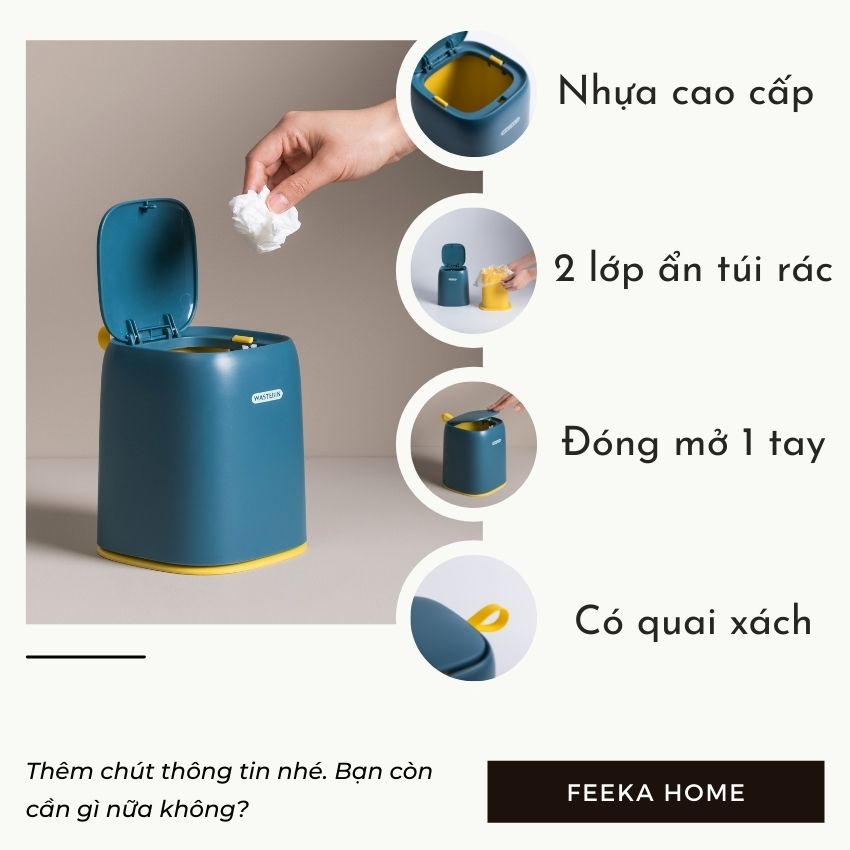 Thùng rác mini để bàn hoặc ô tô FEEKA cute có quai xách, sọt rác mini nhựa dễ thương để phòng ngủ