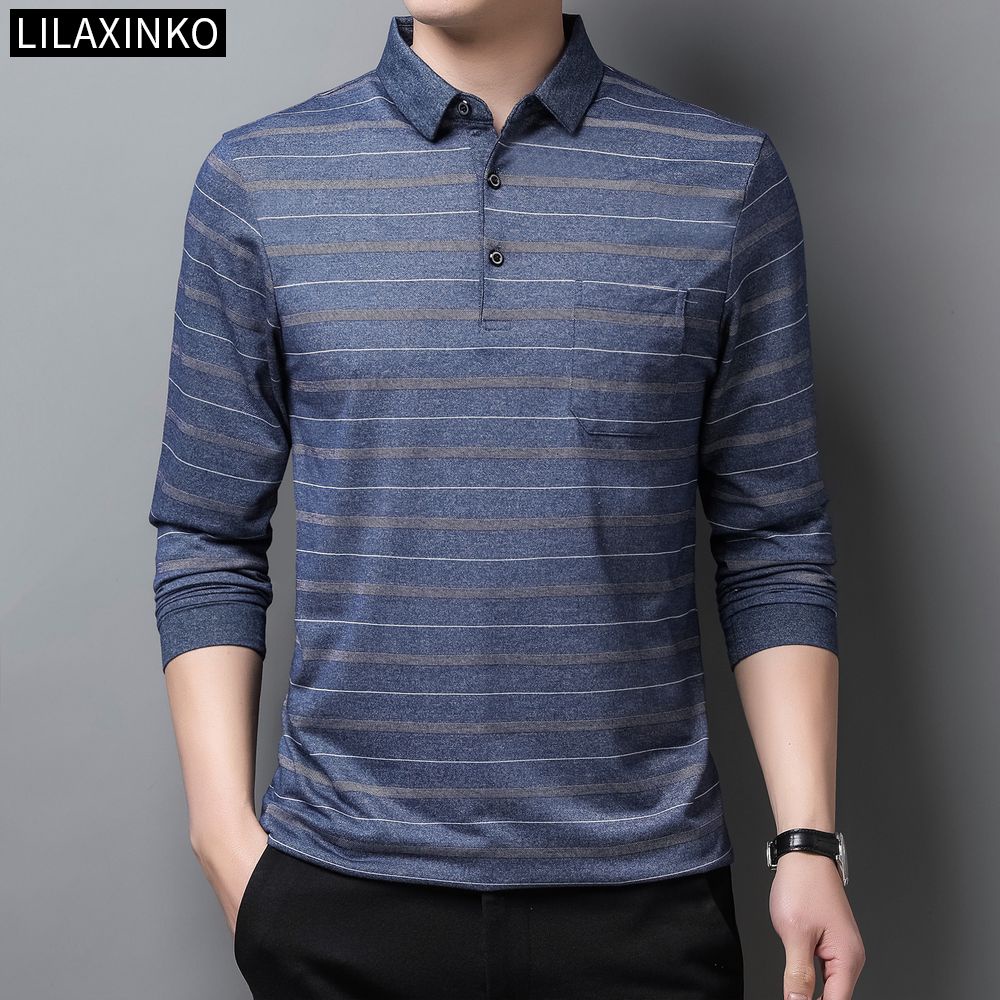 Áo Thun Polo Kẻ Sọc Tay Dài Có Túi 4 Màu Thời Trang Thu Đông Cho Nam