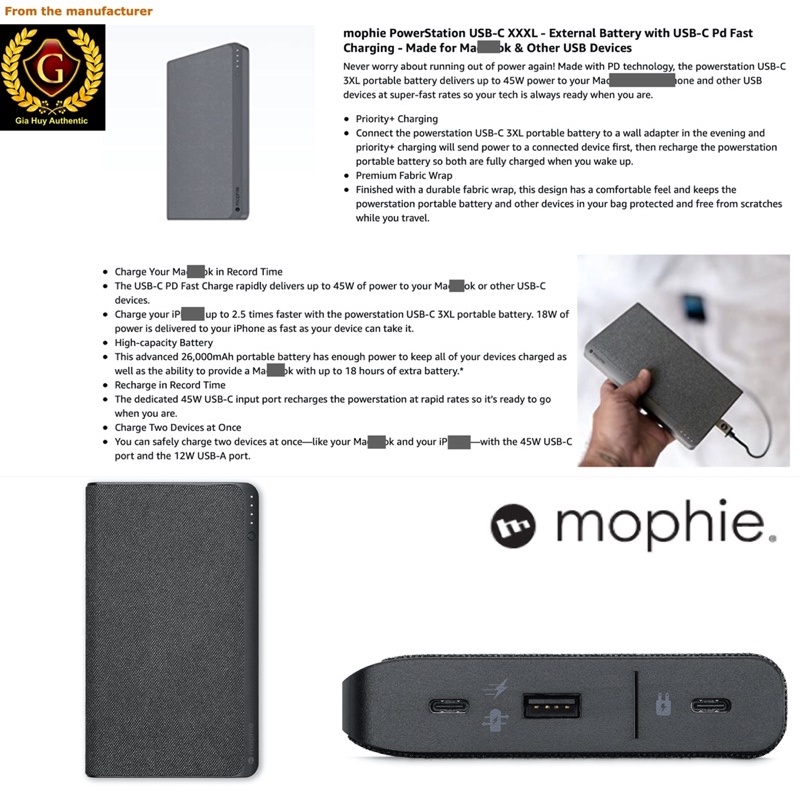 Pin sạc dự phòng MOPHIE PowerStation 3XL 26000mAh PD 45W