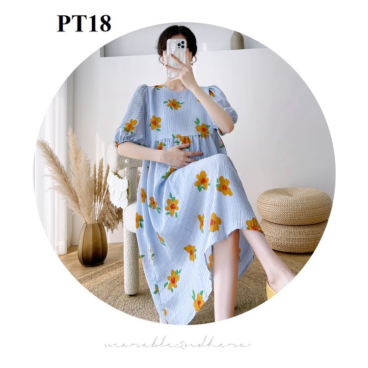 Đầm bầu voan gân hoa 2 màu kem và xanh