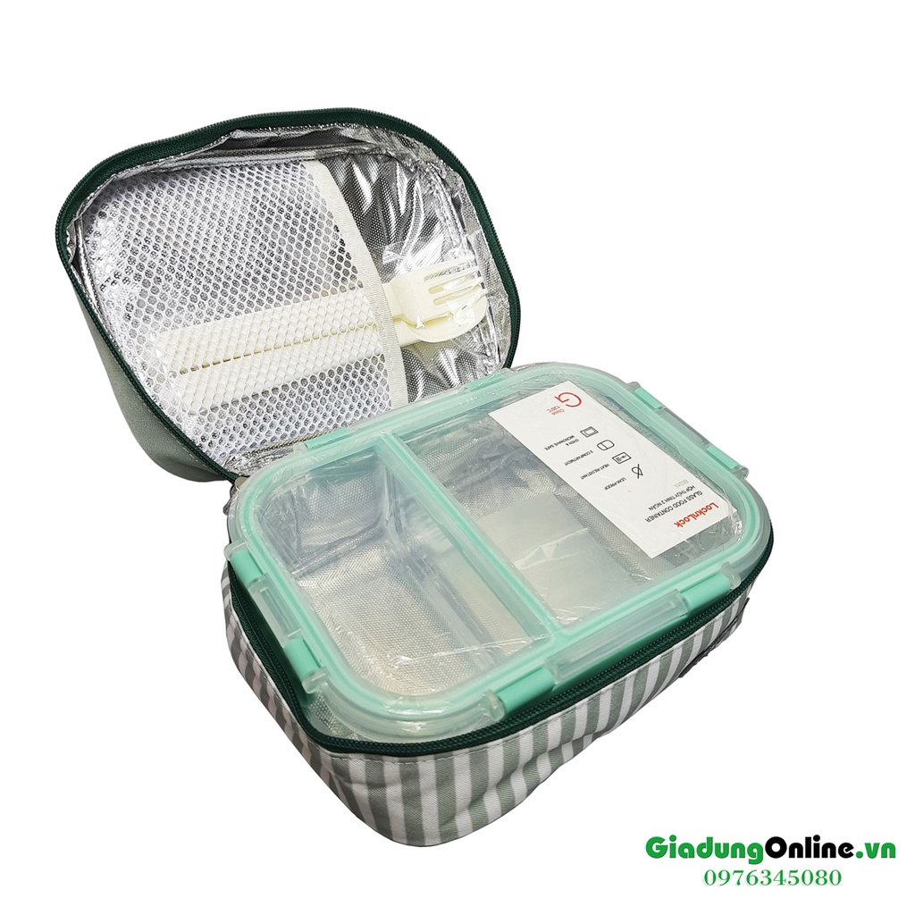 Bộ Hộp Cơm Thủy Tinh LLG457S1 860ml Chia Ngăn Kèm Túi Và Thìa Dĩa