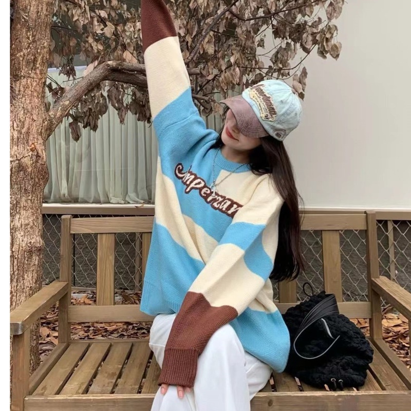 Áo Len Tay Dài Màu Sắc Tương Phản Phong Cách Hàn Quốc