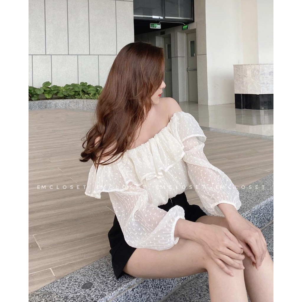 (A252)Sét/Bộ áo trễ vai dài tay ren bi hai lớp +  quần sooc cực xinh thời trang sang chảnh mẫu mới siêu đẹp xinh