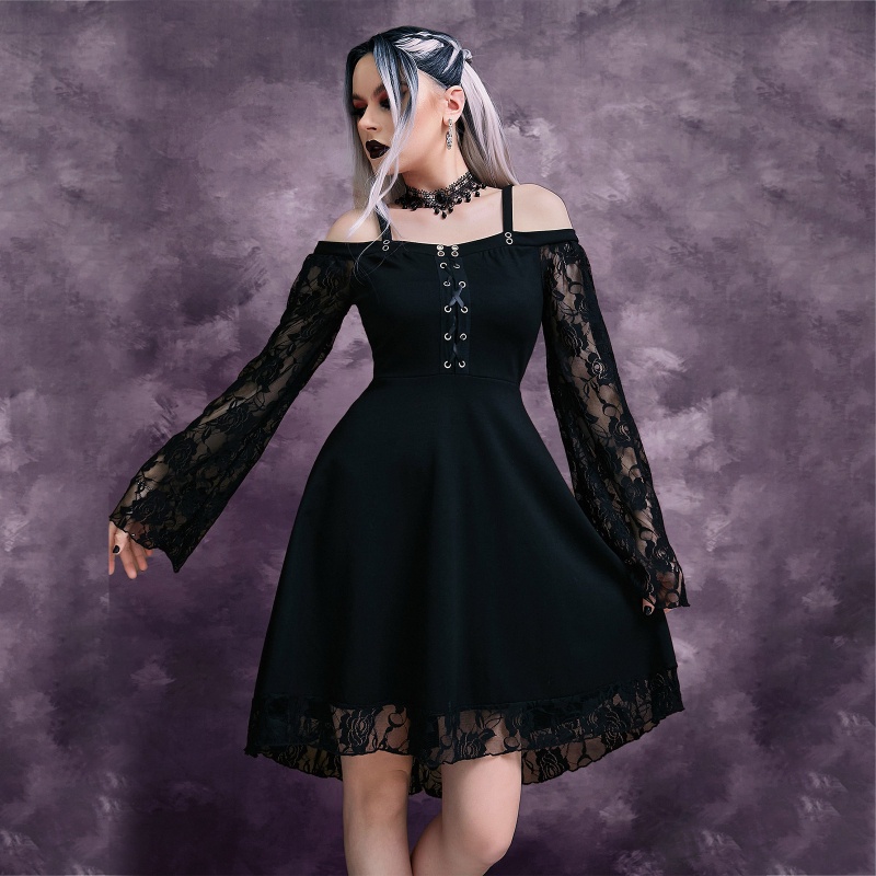 Youyo Đầm Midi Dáng Chữ A Xếp Ly Tay Chuông Phối Ren Phong Cách Harajuku Gothic Đường Phố Dự Tiệc Cho Nữ