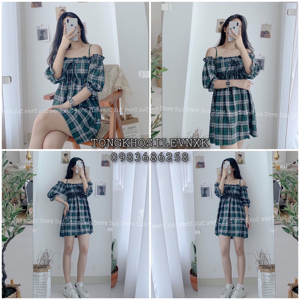 Sale- (HOT L1) VÁY CARO XANH MẠ TRỄ VAI 2 DÂY CHUN EO - ĐẦM KẺ HAI DÂY TRỄ VAI DÚM BÈO BUỘC NƠ HOT