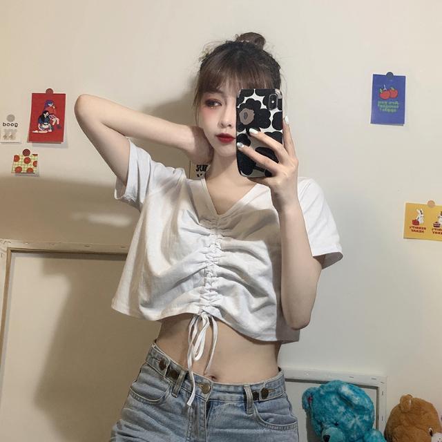 Áo croptop trơn nữ cổ chữ V tay ngắn phiên bản Hàn Quốc áo thun JL-TX-105