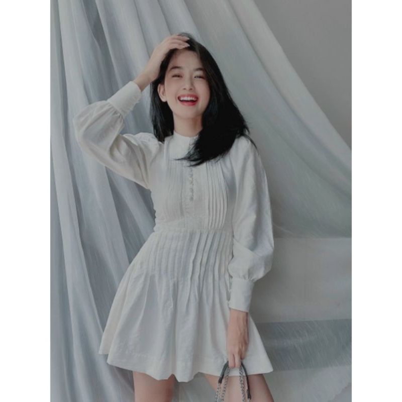 Đầm babydoll nút xếp ly Trắng/Xanh
