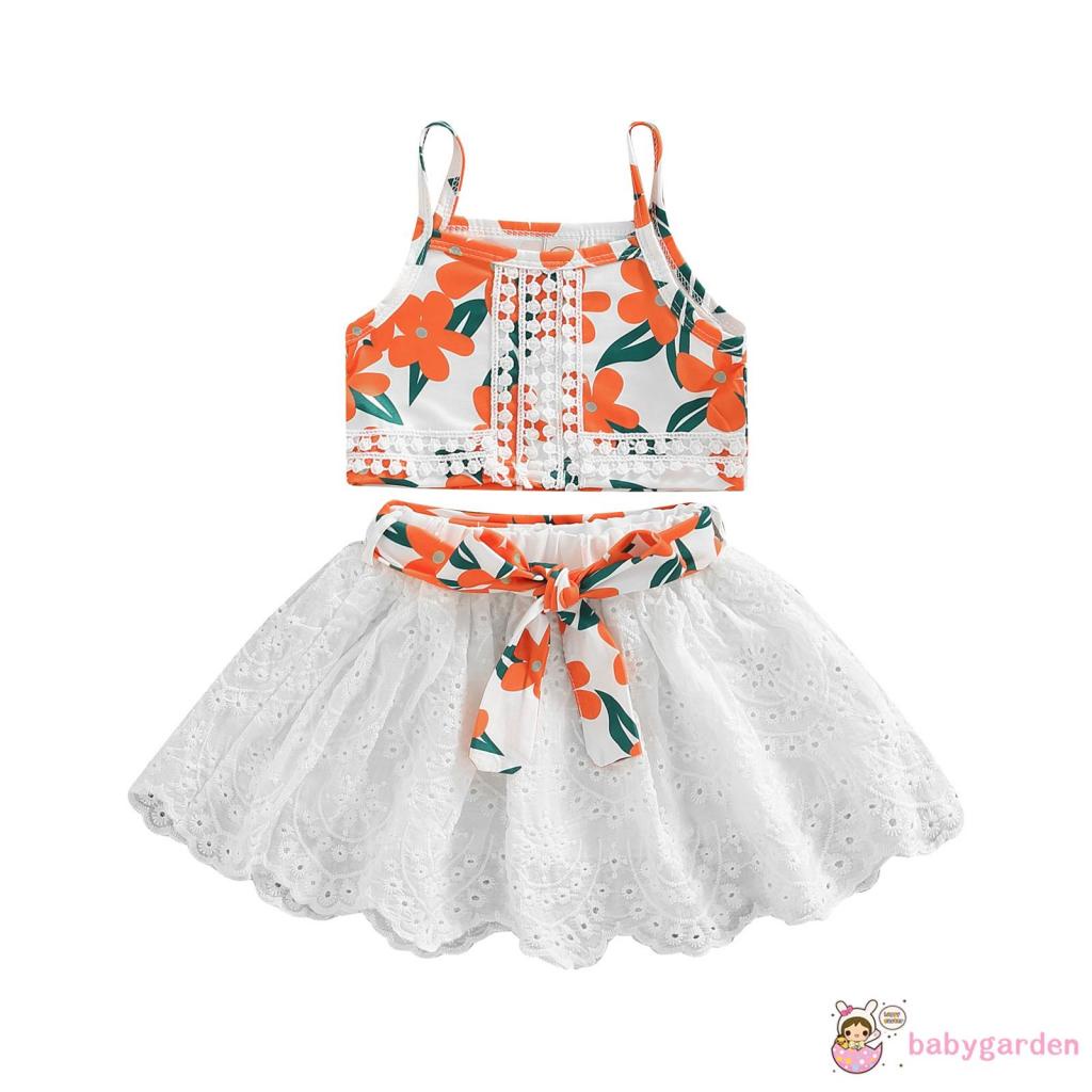 Bộ Áo Hai Dây + Chân Váy Màu Trơn In Họa Tiết Hoa Cho Bé Gái