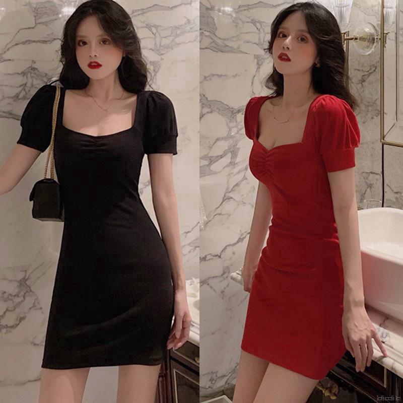 Đầm Cổ Vuông Tay Phồng Màu Trơn Ôm Dáng Quyến Rũ Cho Nữ