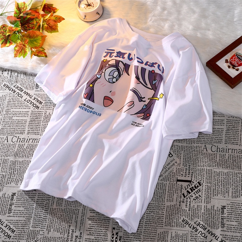 Áo Thun Tay Ngắn Cổ Tròn In Họa Tiết Anime Phong Cách Retro Nhật Bản Cho Nữ