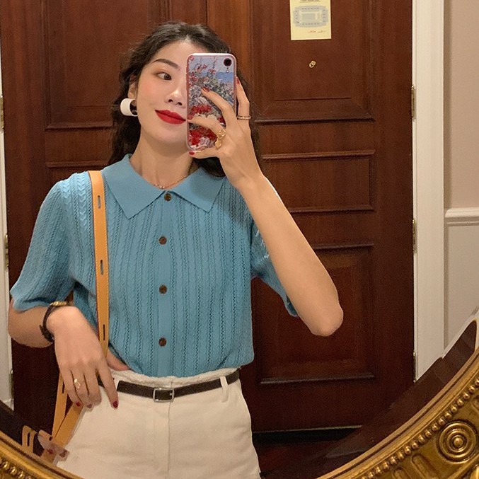 Áo thun cổ polo Xiaozhainv tay ngắn dáng rộng thời trang phong cách vintage