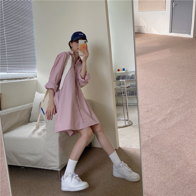 Đầm sơ mi XIAOZHAINV dáng rộng tay dài phong cách Hàn Quốc thời trang đơn giản dễ phối đồ dành cho nữ