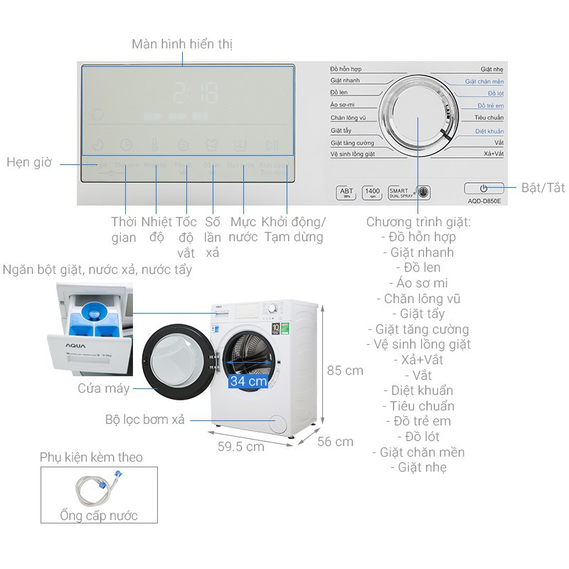 [ VẬN CHUYỂN MIỄN PHÍ KHU VỰC HÀ NỘI ]  Máy giặt Aqua cửa ngang 8.5kg màu trắng AQD-D850E.W