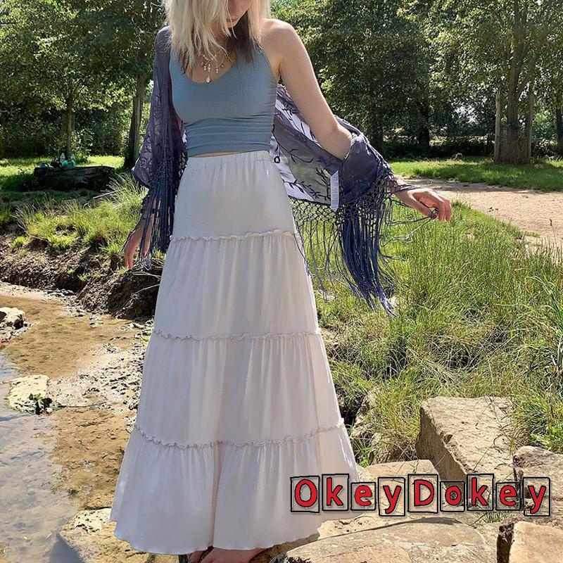 OKDK-y2k Women Pleated Long Skirt Casual Solid Color Frill Skirt for Party (White)
